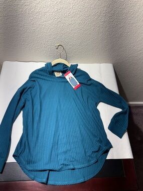 Women’s Teal Hooded Waffle-Knit Pullover Sweatshirt